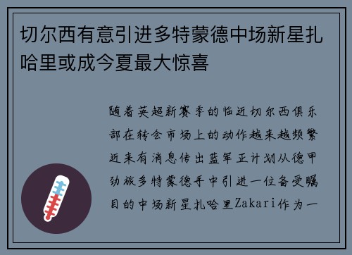 切尔西有意引进多特蒙德中场新星扎哈里或成今夏最大惊喜
